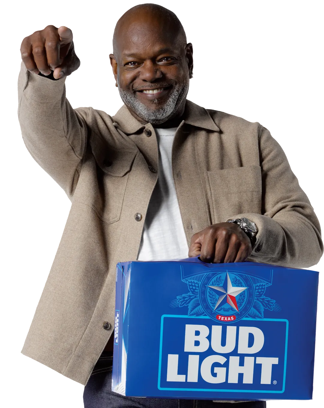 NFL star Emmitt Smith holding a case of Bud Light themed for generic, smiling with fist raised